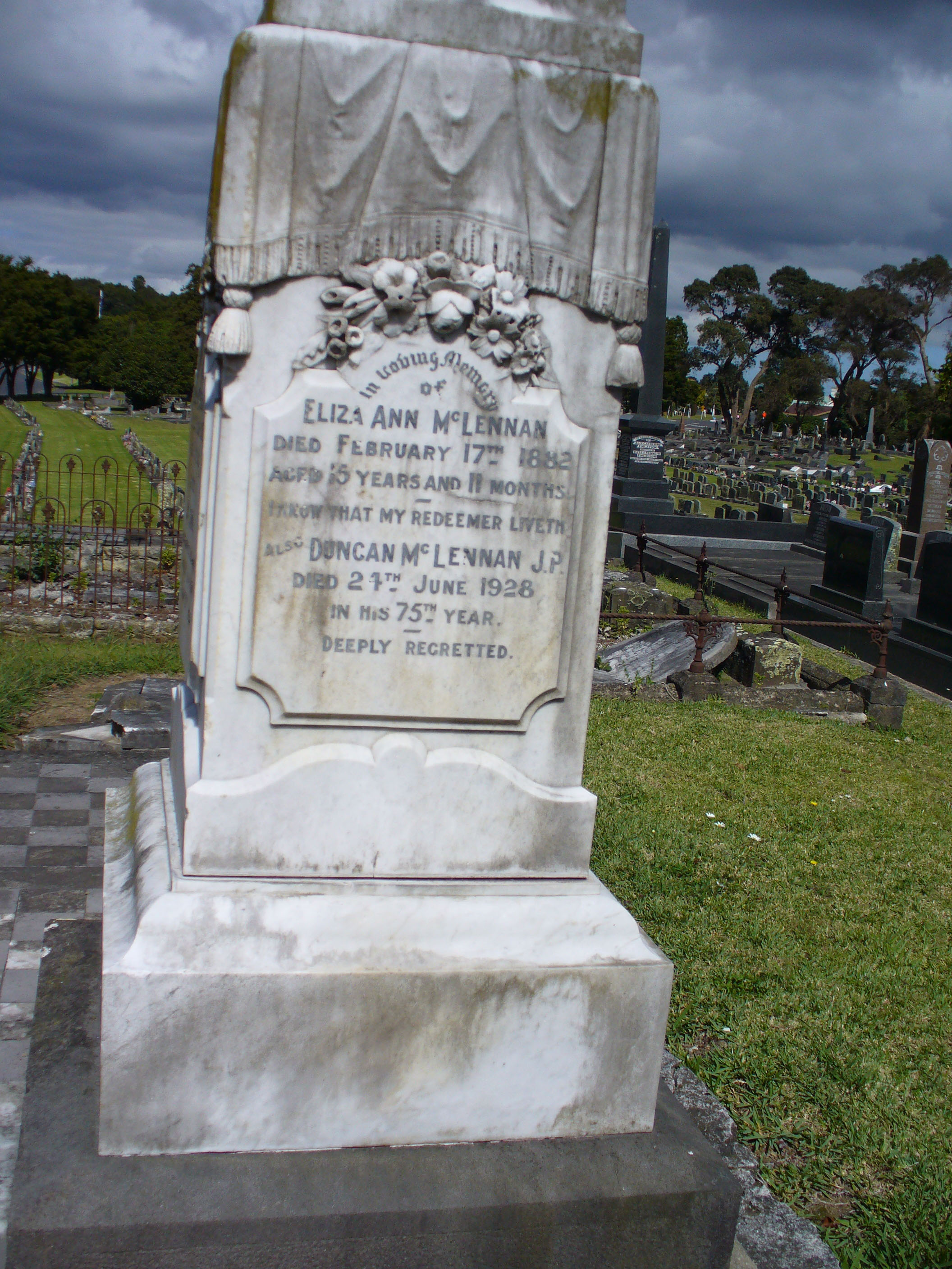 Photo of headstones/Eliza Ann McLennan d1882 &Duncan JP d1928 hdstn Papakura